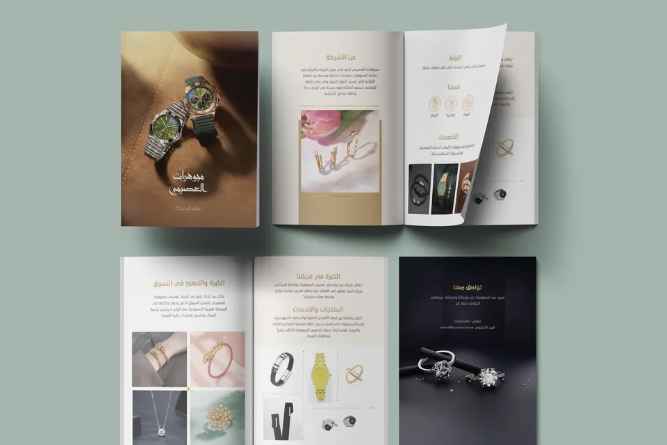 Arabic company profile design for Al-Osaimi Jewellery in Saudi Arabia — diamond pieces, Swiss watches and accessories across Riyadh, Jeddah and the Eastern Province.