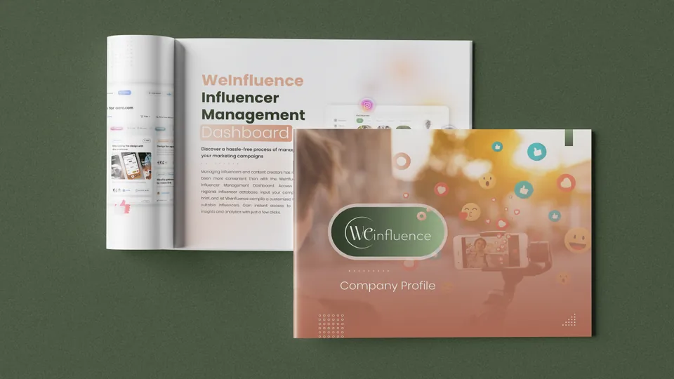 Landscape company profile design for WeInfluence — an influencer management dashboard, showing the platform and campaign workflow.