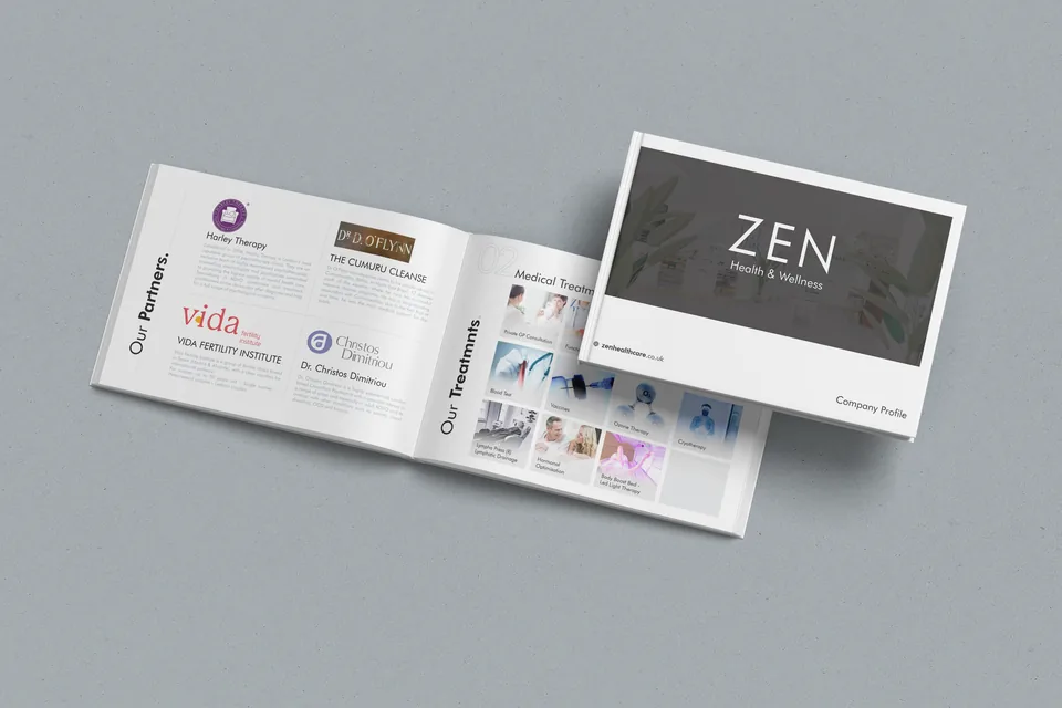 English landscape company profile design for ZEN Health & Wellness in the UK — treatments, medical partners and clinic services.