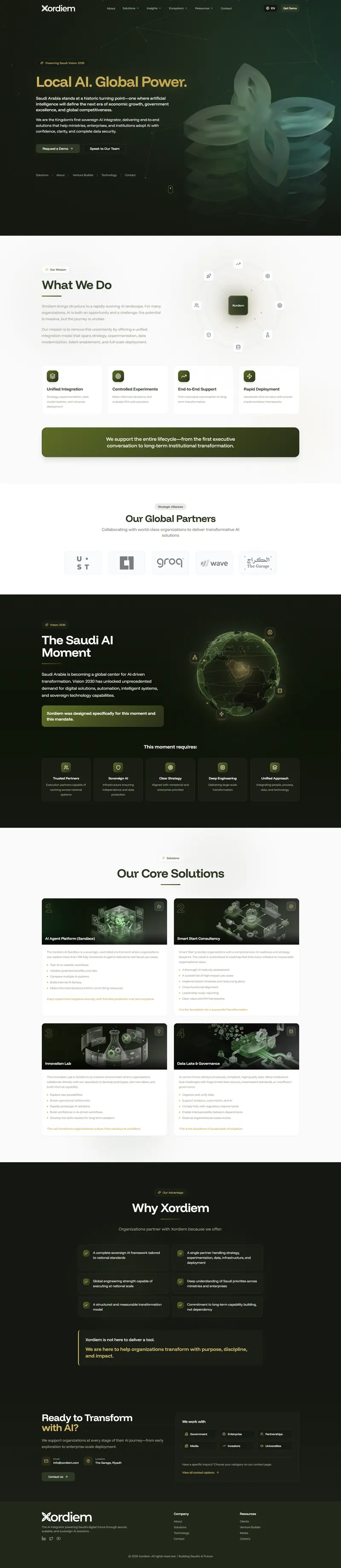 Website design for Xordiem, a Saudi sovereign AI integrator — dark editorial layout covering solutions, the Vision 2030 AI mandate, and global partners.
